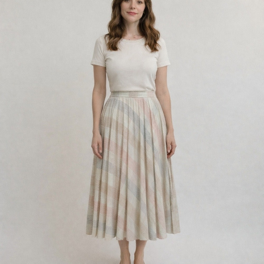 Vintage 70s Panther Pleated‎ Accordion Midi Skirt Pastel Pink Gray Plaid